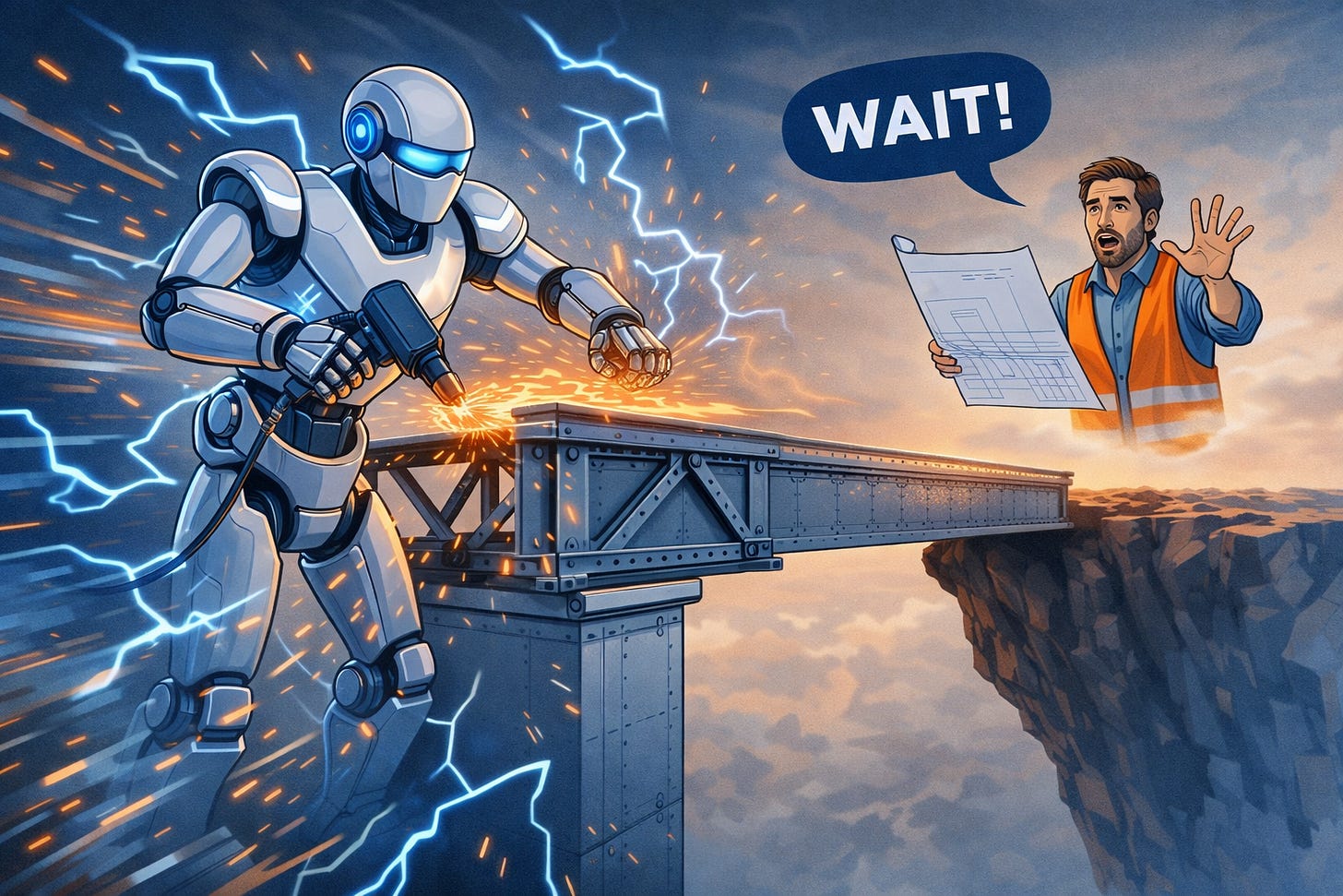 A robot confidently building a bridge to nowhere at lightning speed, while a human engineer in the background holds up blueprints trying to get its attention.