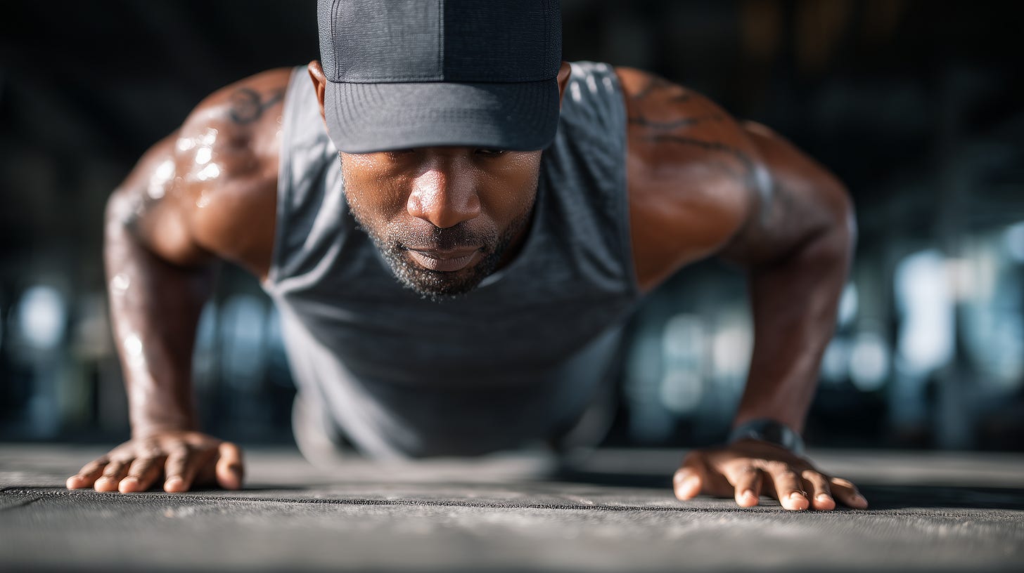 Fit man doing push-ups in a dark gym.