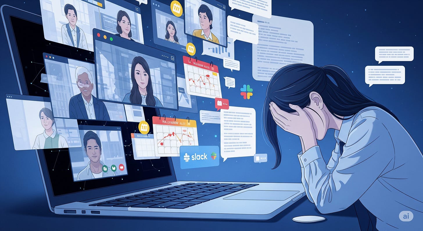 An overwhelmed woman sits at her laptop with her head in her hands, surrounded by overlapping virtual meeting windows, chat bubbles, notifications, calendars, and Slack messages. The image conveys digital overload and workplace fatigue in a remote work setting. An overwhelmed woman sits at her laptop with her head in her hands, surrounded by overlapping virtual meeting windows, chat bubbles, notifications, calendars, and Slack messages. The image conveys digital overload and workplace fatigue in a remote work setting.