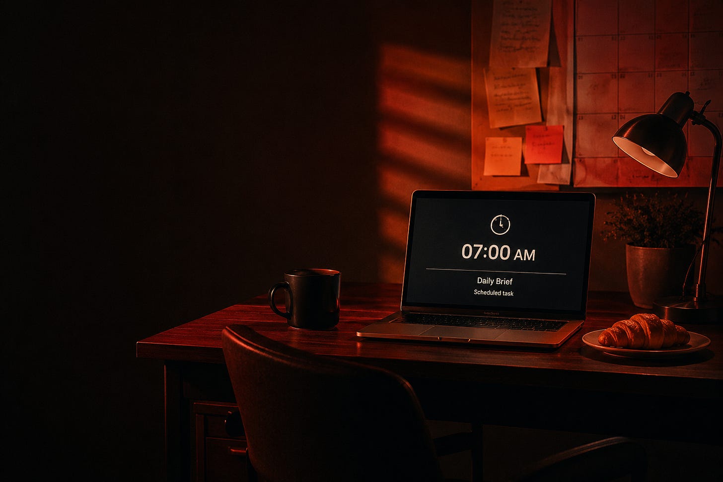Laptop shows a scheduled 7 AM daily brief on a quiet desk with coffee and a croissant. Laptop shows a scheduled 7 AM daily brief on a quiet desk with coffee and a croissant.
