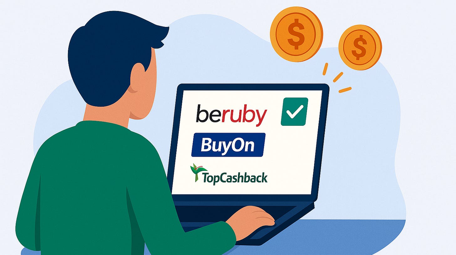 Un ragazzo di spalle naviga in internet alla ricerca di modi per risparmiare e sul monitor sono visibili i loghi dei siti di cashback: Beruby, Buyon e Topcashback. Un ragazzo di spalle naviga in internet alla ricerca di modi per risparmiare e sul monitor sono visibili i loghi dei siti di cashback: Beruby, Buyon e Topcashback.