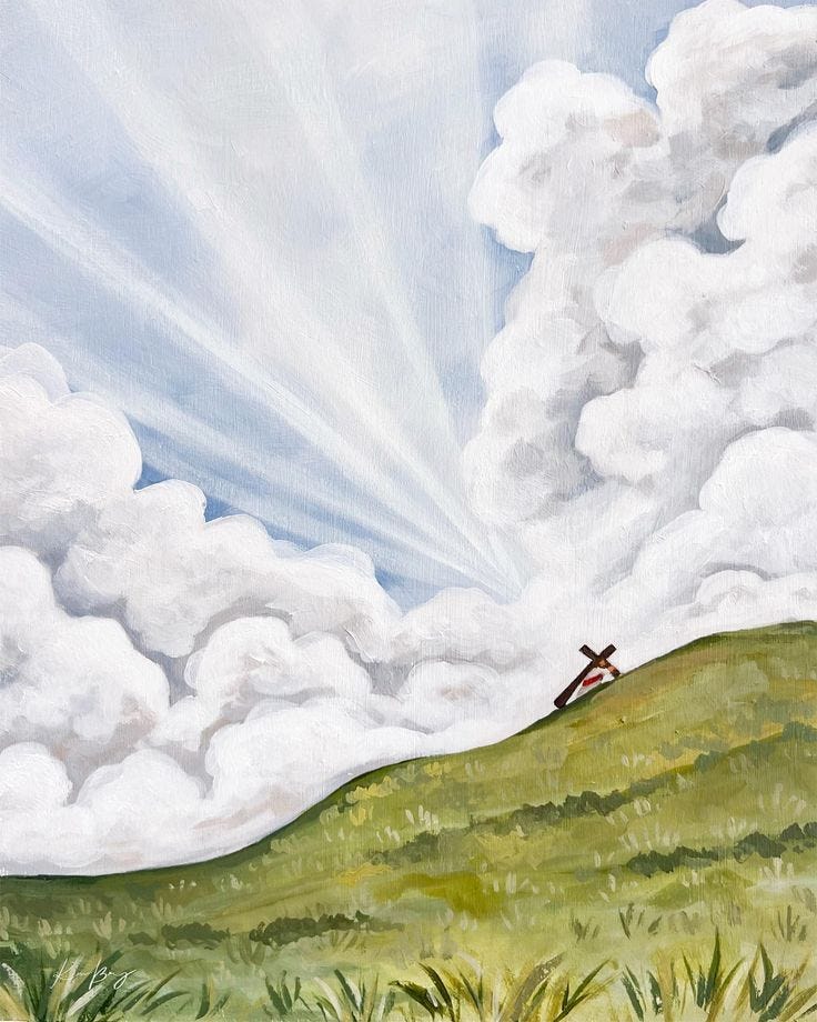 This may contain: a painting of clouds over a grassy hill This may contain: a painting of clouds over a grassy hill