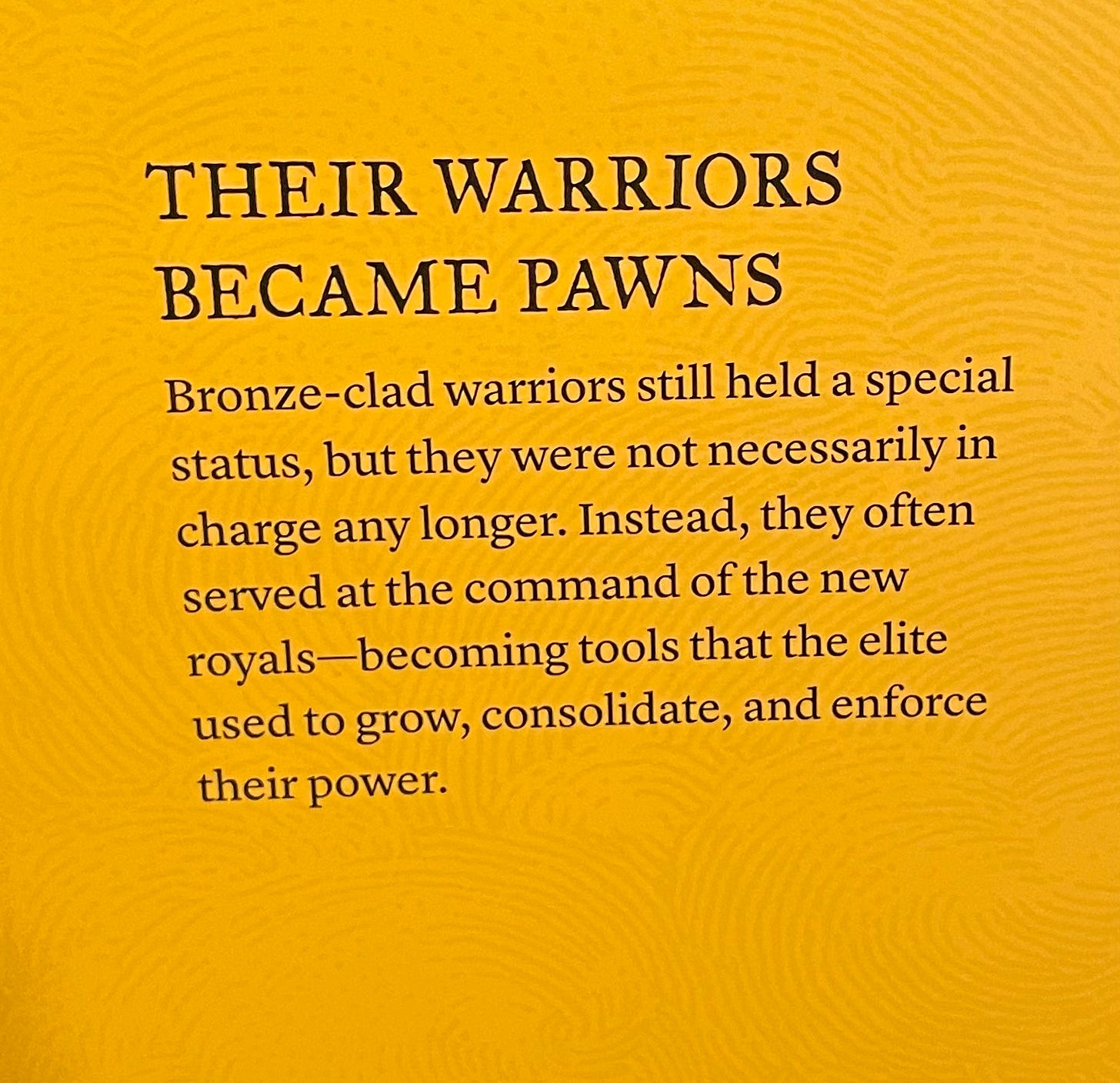 museum plaque text reading 'their warriors became pawns. Bronze-clad warriors still held a special status, but they were not necessarily in charge any longer. Instead, they often served at the command of the new royals—becoming tools that the elite used to grow, consolidate, and enforce their power.' museum plaque text reading 'their warriors became pawns. Bronze-clad warriors still held a special status, but they were not necessarily in charge any longer. Instead, they often served at the command of the new royals—becoming tools that the elite used to grow, consolidate, and enforce their power.'
