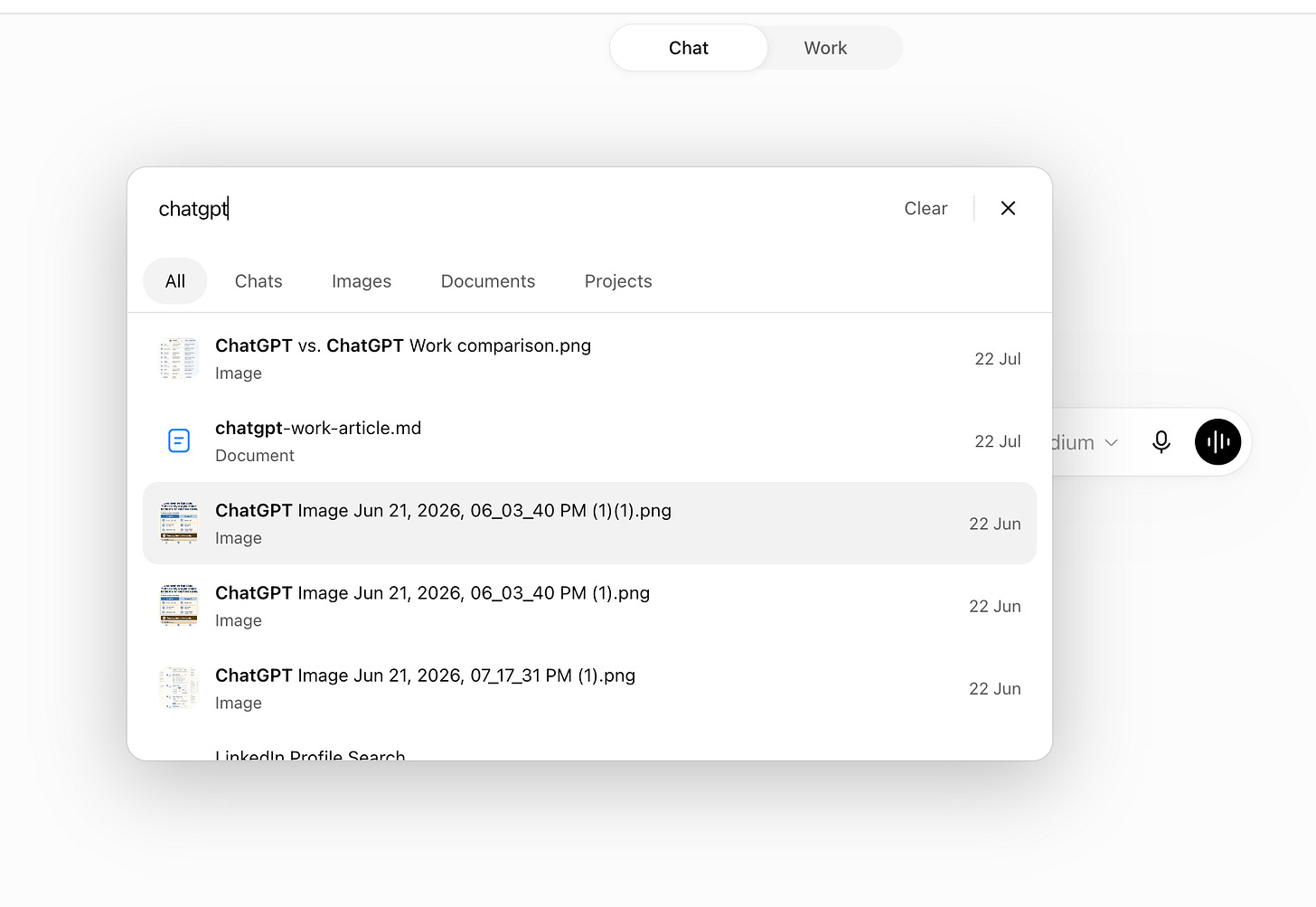 ChatGPT search returning chats, images, documents, and Projects
