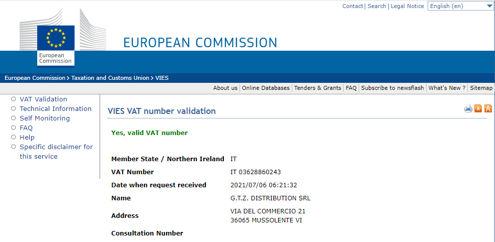 VIES VAT number results page with positive result, "Yes, valid VAT number" and the detail of the business party