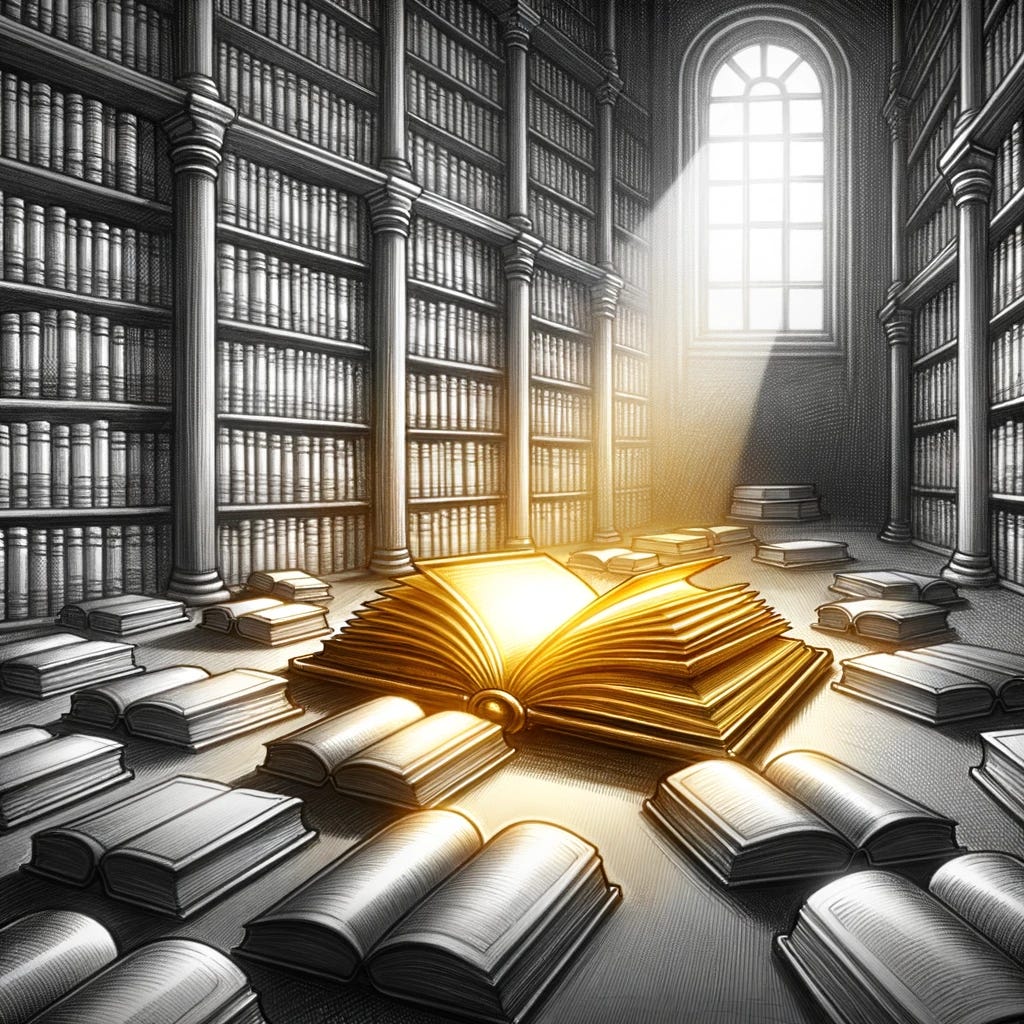 Drawing of an old library with a single golden book glowing amidst regular books, drawing attention in a grayscale setting.