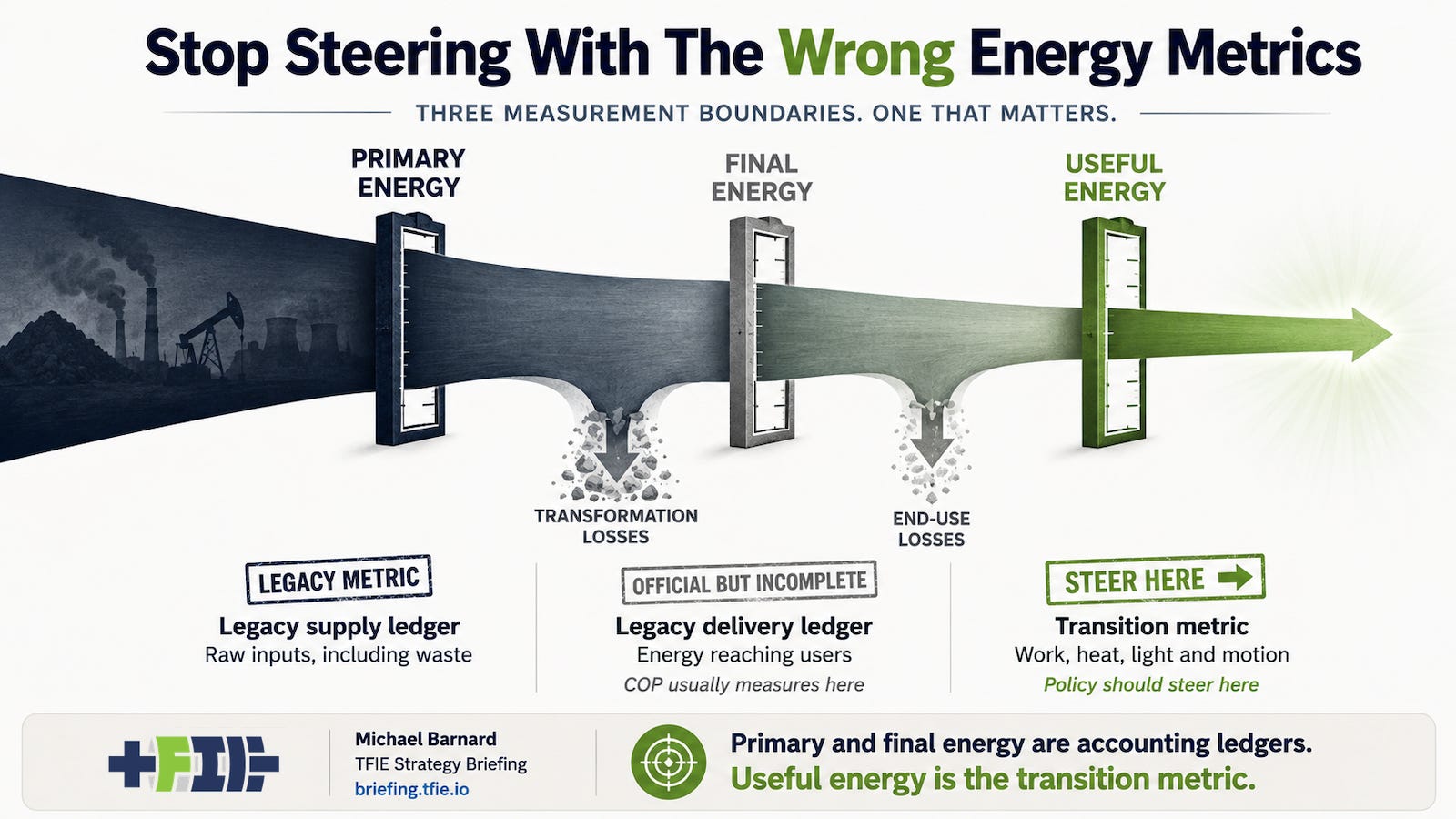 Energy stream passes through primary, final and useful energy gates, with losses falling away.
