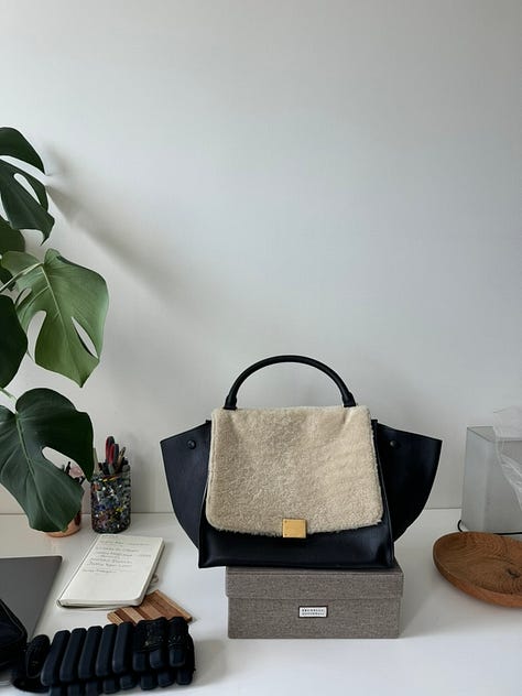 Printed canvas Prada bag, The Attico green large handbag, Celine trapeze, Phoebe Philo era Celine Trapeze, Special edition Celine Trapeze, Shearling Celine Trapeze