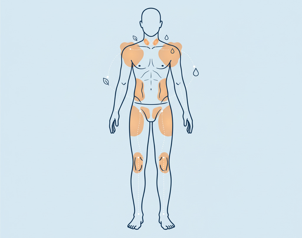 Illustration showing brown fat areas near collarbones, upper back and lower body—non-shivering thermogenesis explained