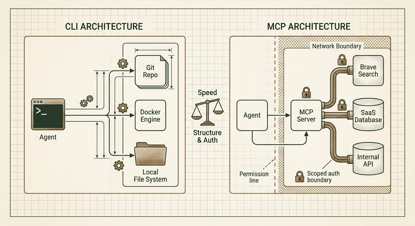 An architectural diagram comparing CLI local access versus MCP networked access for AI agents.