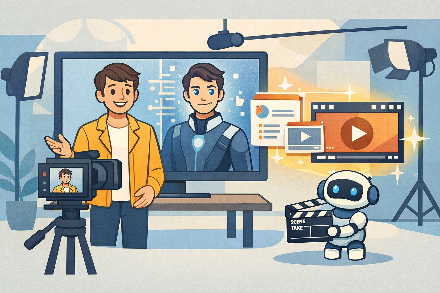 A cartoon illustration of a human presenter transforming into an AI avatar on a monitor, with PowerPoint slides converting to video in a studio setting. A cartoon illustration of a human presenter transforming into an AI avatar on a monitor, with PowerPoint slides converting to video in a studio setting.