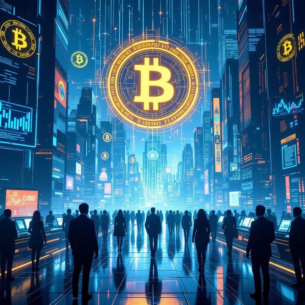 A digital revolution scene with glowing Bitcoin symbols, blockchain networks weaving through a futuristic city skyline, ...