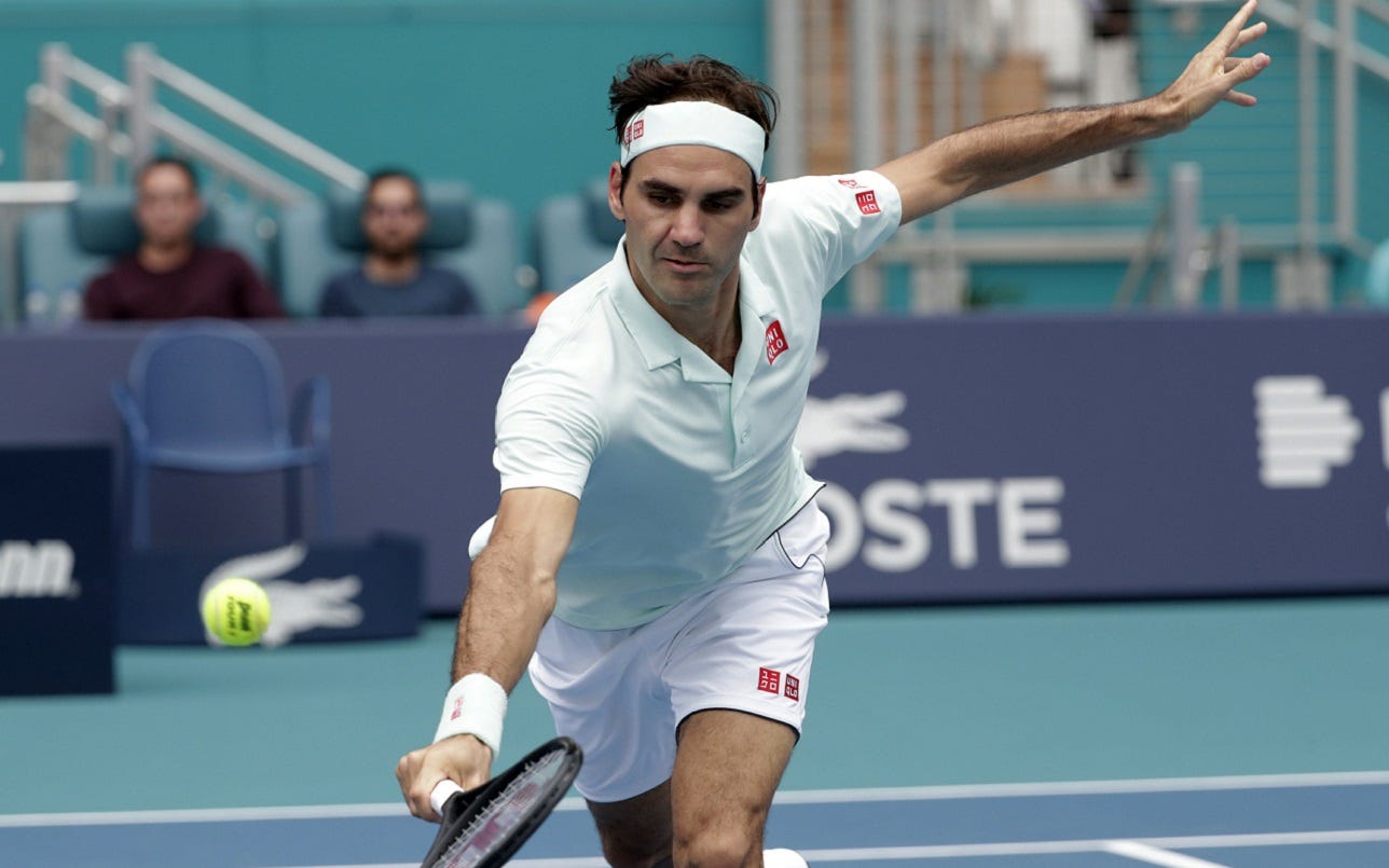 Roger Federer easily returning John Isners balls at 2019 Miami Open. Roger Federer easily returning John Isners balls at 2019 Miami Open.