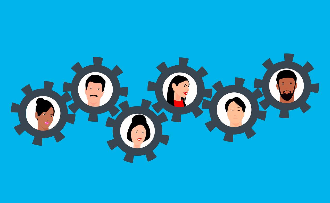 graphical artwork, people heads in gears, connected gears on blue background