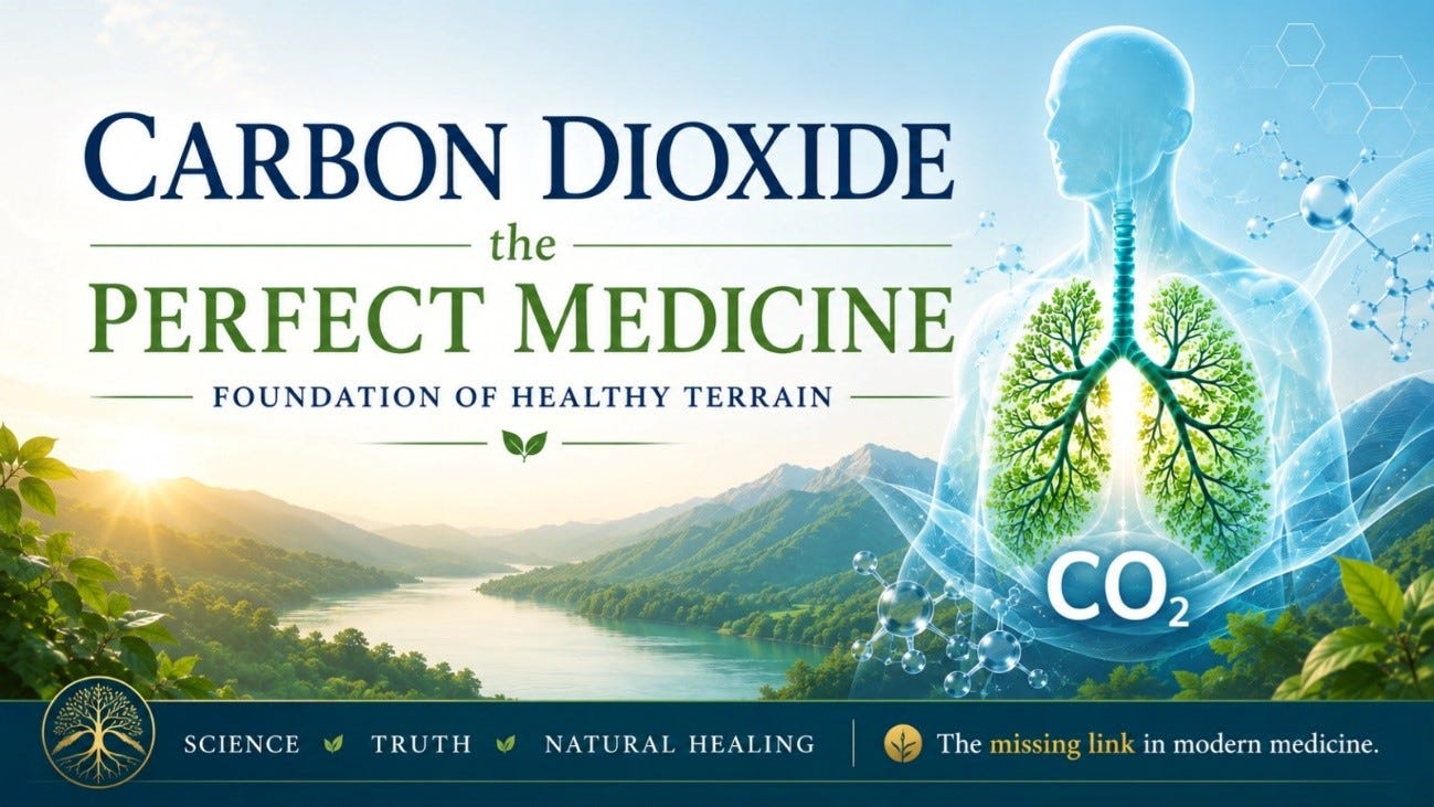 Promotional graphic for Carbon Dioxide: The Perfect Medicine featuring stylized lungs filled with green tree branches above a mountain valley, emphasizing CO₂ as a foundation for healthy physiology.