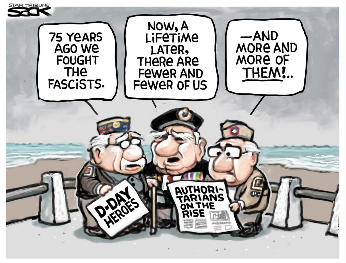 May be an image of text that says 'STAR STARTRIBUNE TRIBUNE SCaK 75 YEARS AGO we FOUGHT THe FASCİSTS. NOW, A LiFeTiMe LATER, THERE ARe FeweR AND FeWeR OF US -AND MORE AND MORE OF THEM!.. AUTHORI- TARIANS ON ONTHE THE RISE ትዱያ D-DAY HEROES โทา'
