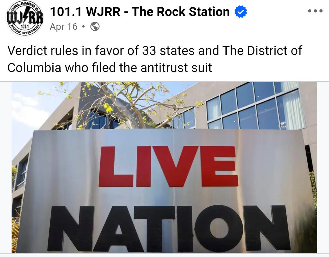 Facebook psot from 101.1 WJRR - The Rock Station on April 16th. It's a picture of the Live Nation headquarters with the headline verdict rules in  favor of 33 states and the District of Columbia who filed the antitrust suit
