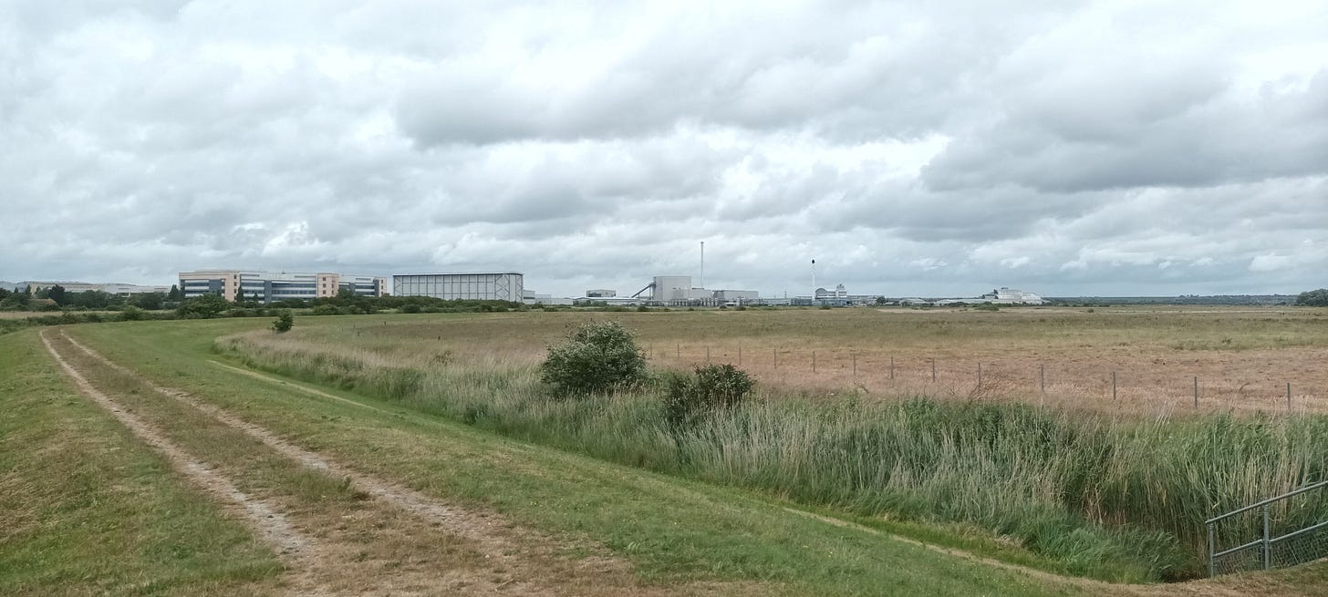 View across green fields to industrial buildings beyond