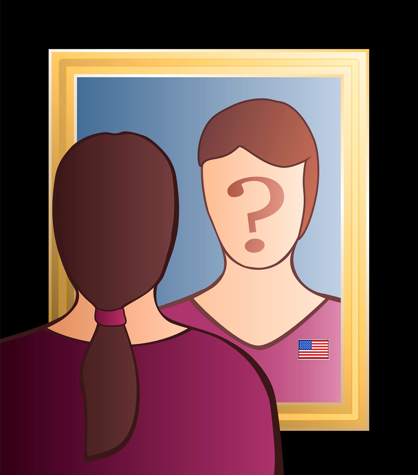 Woman looking in mirror with a USA flag on her shirt