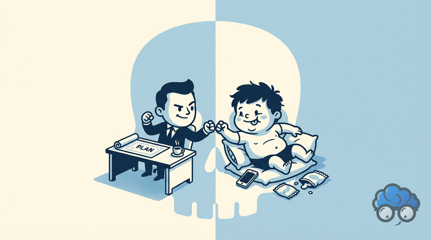 Illustration en split-screen montrant un homme d'affaires à son bureau (le PDG) opposé à un enfant paresseux sur des coussins avec un téléphone et des snacks (le Striatum), le tout inscrit dans la silhouette d'un crâne humain. Illustration en split-screen montrant un homme d'affaires à son bureau (le PDG) opposé à un enfant paresseux sur des coussins avec un téléphone et des snacks (le Striatum), le tout inscrit dans la silhouette d'un crâne humain.