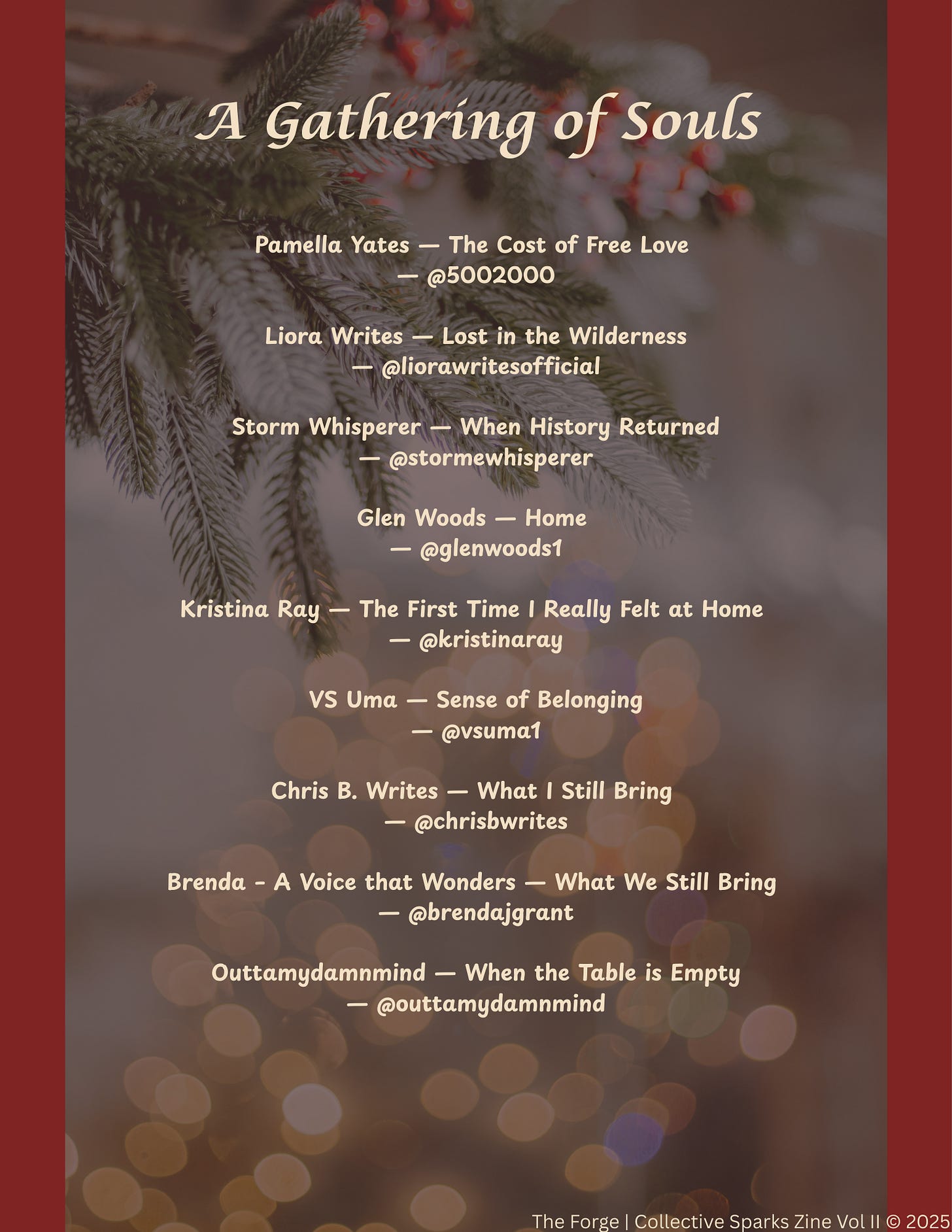 Contributor listing page for Lanterns in the Dark, showing a softly blurred background of evergreen branches and warm lights. Text lists participating writers and their featured works.