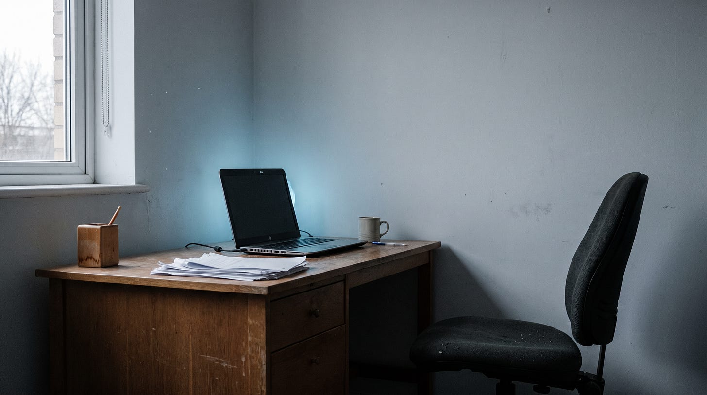 An empty office desk in flat daylight, a laptop open with its screen turned away, a stack of printed pages beside it, the chair pushed back.