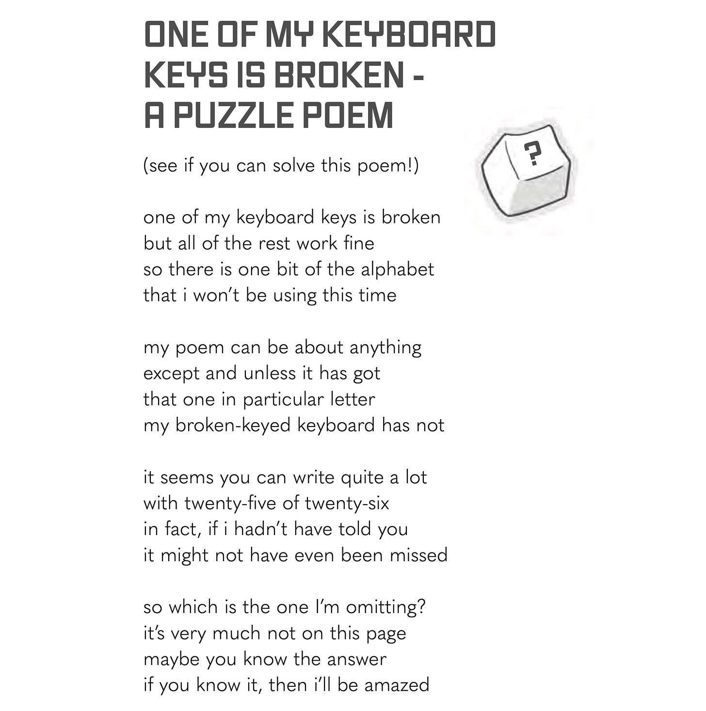 Page from PRESS START TO PLAY with a poem called 'One of my keyboard keys is broken – a puzzle poem'