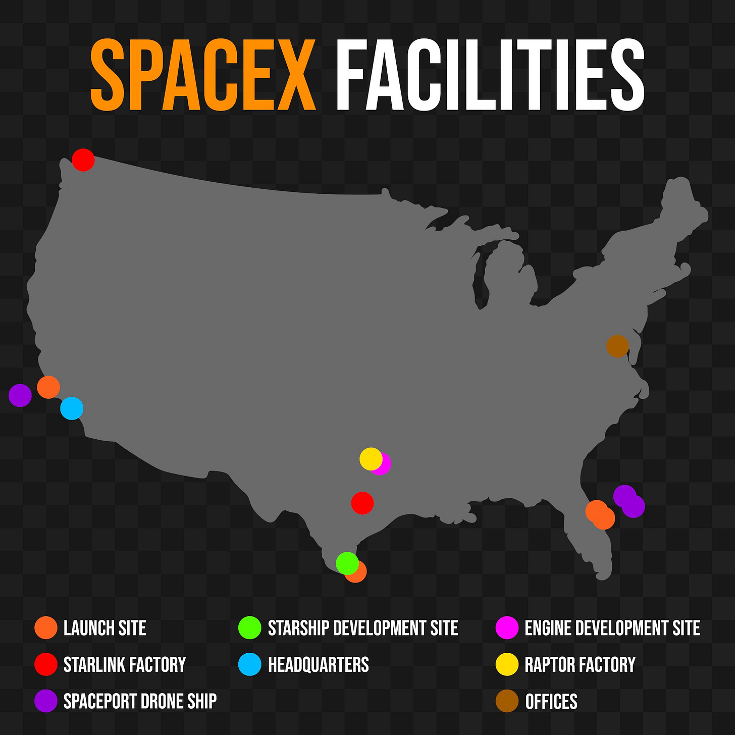 DailySpace on X: "In this map you can see all the actual and future #SpaceX  facilities (I think these are all). https://t.co/Hm755mf8c6" / X