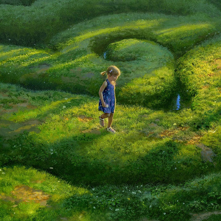 LEFT: Figure detail from PATH featuring a young girl in blue sundress taking a step on a raised grassy path in what appears to be a gently flowing maze. She absently holds a daisy at her side. RIGHT: Close detail from APATH featuring a young girl in a blue sundress. The warmth of the sun highlights her as she takes a step on a grassy path. Her blonde hair is tied back in pigtails with a small white bow at the side. She absently holds a daisy at her side. Looking down, it appears her eyes are closed. Just past her, another path ends in a swirl with water filling recess between tracks, reflecting the sky in a wavy blue line.