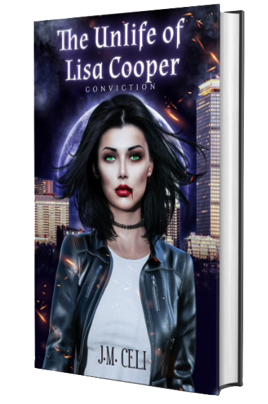Cover of The Unlife of Lisa Cooper by J.M. Celi, featuring a dark-haired vampire woman against a night cityscape.