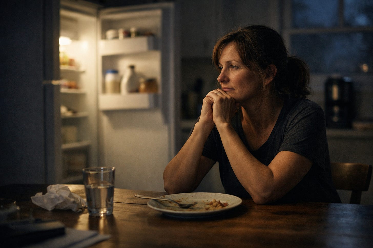 A woman sits alone at a kitchen table in the dim light of dusk, her face softly illuminated by an open refrigerator behind her. She rests her chin on her clasped hands, gazing into the distance with quiet reflection. A half‑empty plate and glass of water sit before her, symbolizing the silence that follows hunger A woman sits alone at a kitchen table in the dim light of dusk, her face softly illuminated by an open refrigerator behind her. She rests her chin on her clasped hands, gazing into the distance with quiet reflection. A half‑empty plate and glass of water sit before her, symbolizing the silence that follows hunger