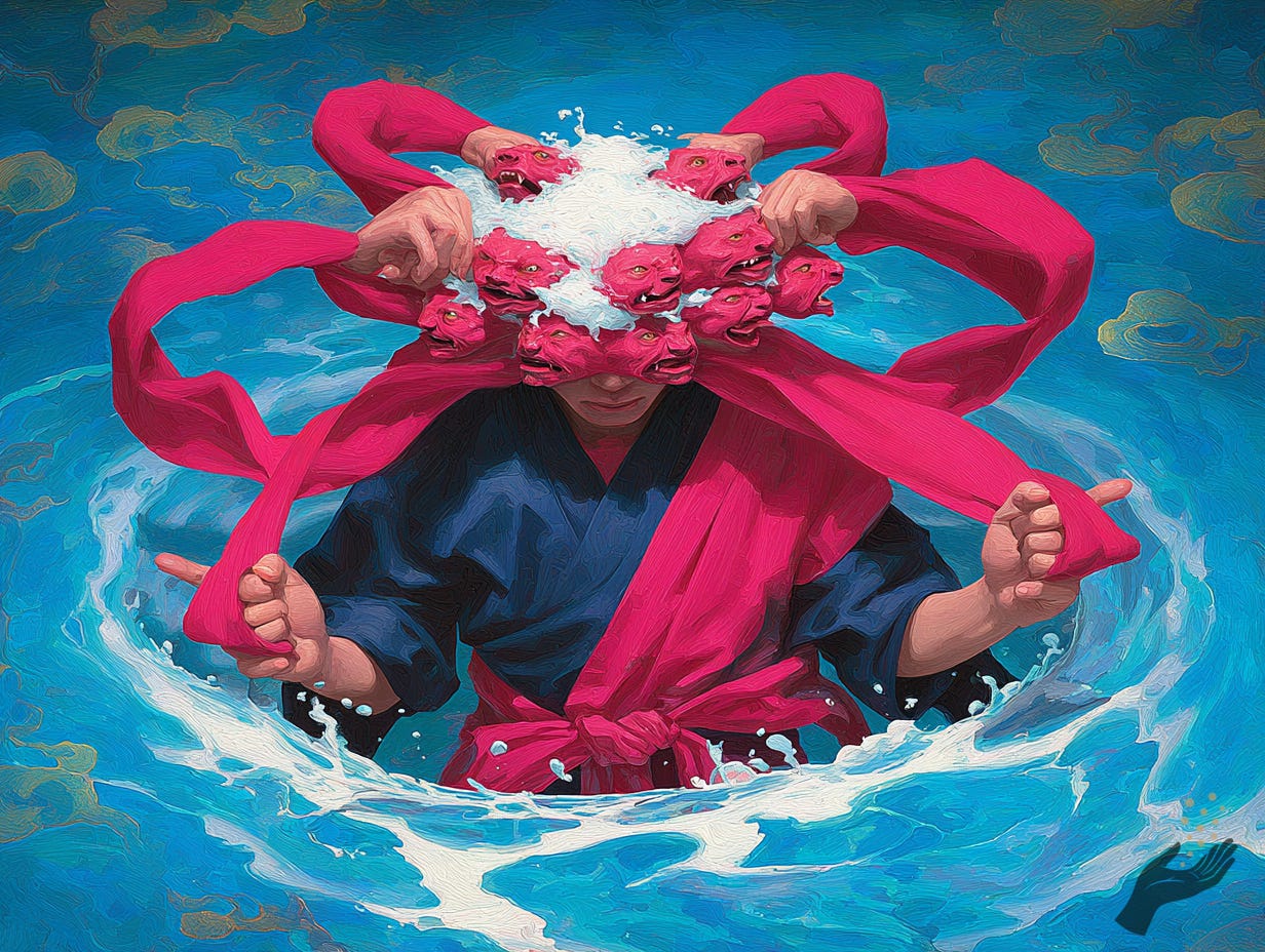 A figure in a dark blue and pink robe stands in swirling blue water while pulling bright pink ribbons around the head, which is covered by clustered pink faces and a white splash-like mass.