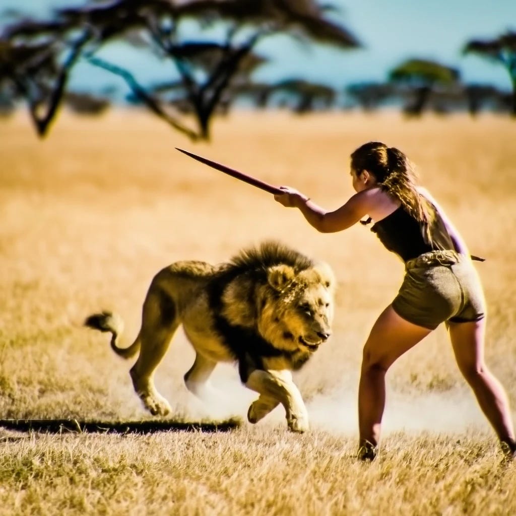 Woman throwing a spear at a lion in Africa 
