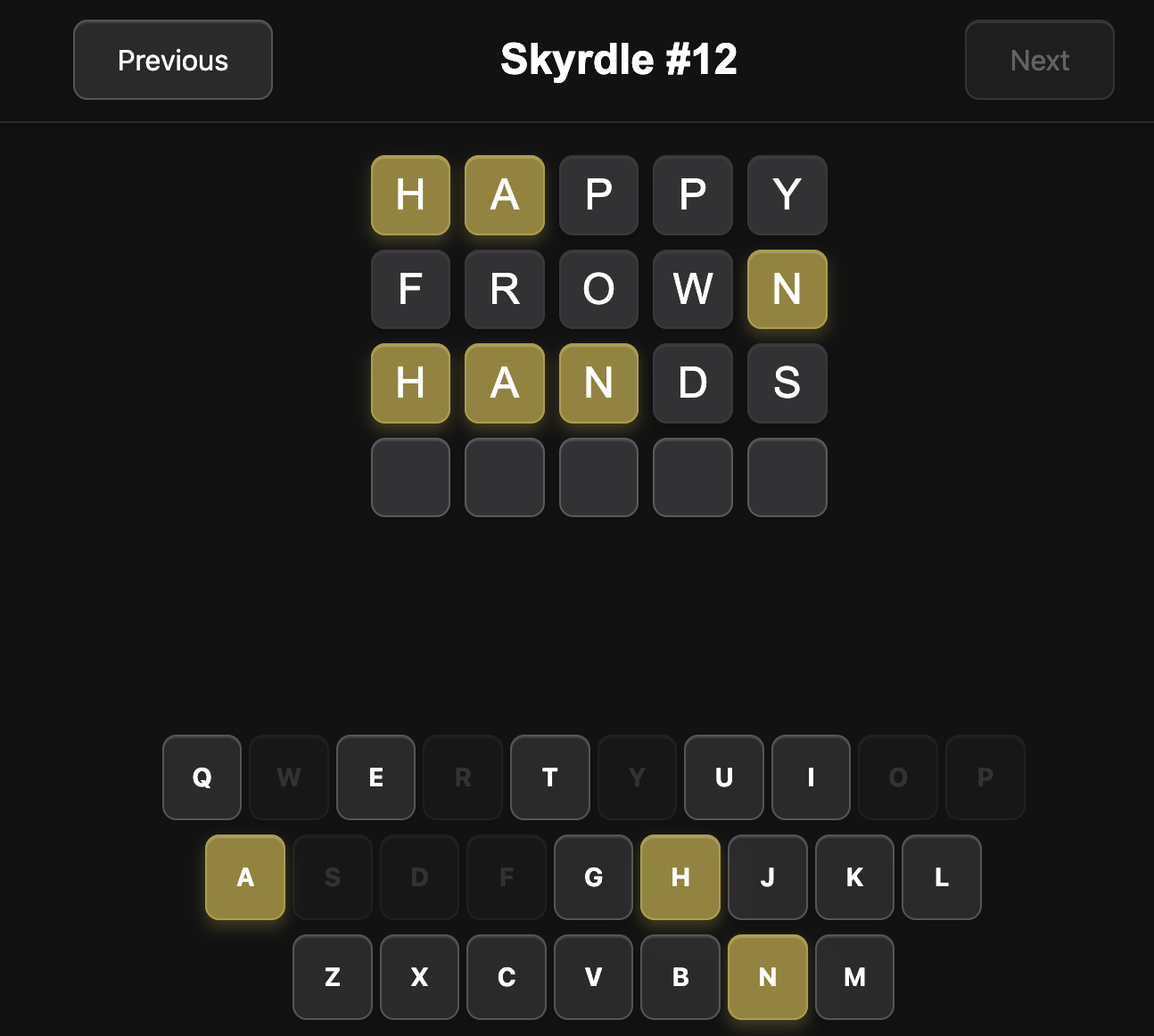 Screenshot of a word guessing game with "Happy," "Frown," and "Hands" guessed unsuccessfully Screenshot of a word guessing game with "Happy," "Frown," and "Hands" guessed unsuccessfully