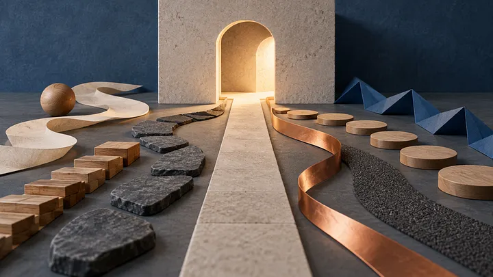 An archway framed by stone, metal, wood, and paper paths leads forward across a muted gray surface.