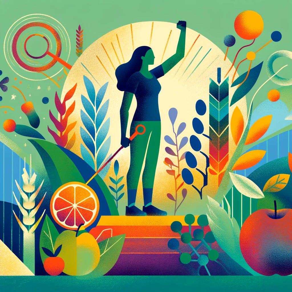 An illustration symbolizing the fight against uterine cancer in the context of obesity. The image should feature a stylized young woman standing strong and empowered, with a backdrop that subtly incorporates symbols of health and wellness, such as fruits, vegetables, and exercise equipment. The woman is depicted as vibrant and resilient, embodying hope and determination. The colors should be warm and inviting, with a focus on greens and blues to represent health and tranquility. The overall tone of the image should be uplifting and positive, encouraging viewers to embrace healthy lifestyle choices for cancer prevention.
