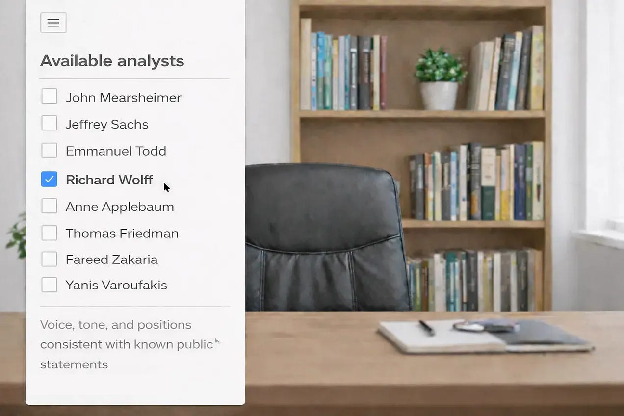Fictitious analyst selection interface superimposed on an empty office setting. Speech appears as an available function, independent of any physical presence.