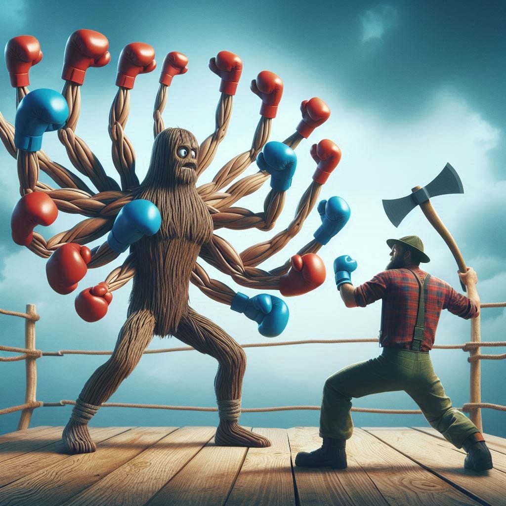 A large tree-like creature with dozens of limbs, each wearing boxing gloves, versus a woodsman with an axe. The tree-like creature looks slightly terrified. A large tree-like creature with dozens of limbs, each wearing boxing gloves, versus a woodsman with an axe. The tree-like creature looks slightly terrified.