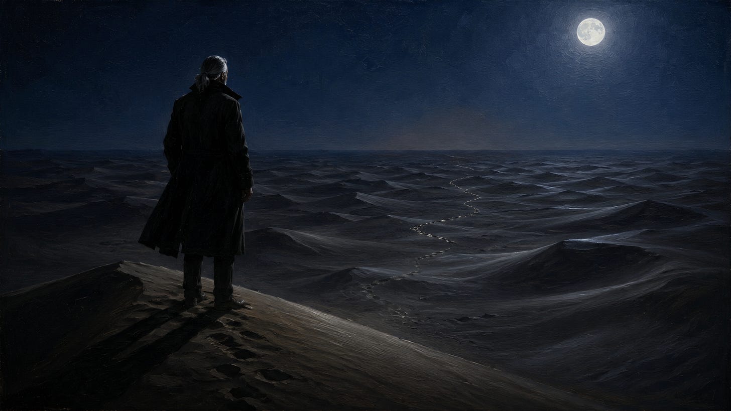 Painterly oil-style night scene: a silver-haired Rick Horowitz in a long dark overcoat stands atop a sand dune in silhouette, viewed from behind, looking out over moonlit dunes. A meandering trail of footprints crosses the desert below, doubling back and staggering but ultimately leading toward the distant horizon. A full moon lights the scene.