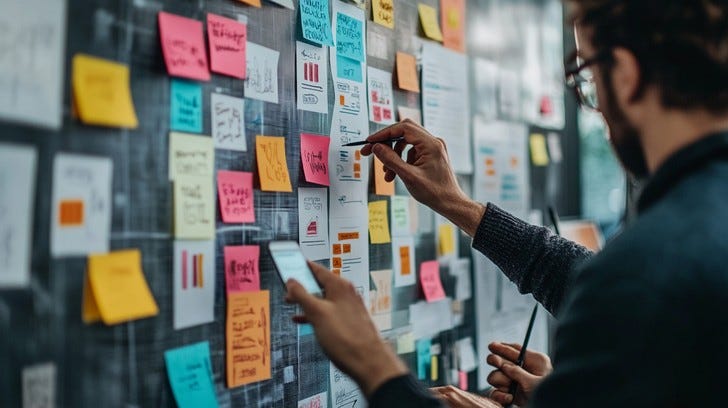 In a focused and orderly setting, a man engages in the task of organizing a plethora of colorful sticky notes on a sizable board covered in various schedules and ideas. His attention to detail is apparent as he examines each note, strategizing over the content meticulously. The entire setup suggests a thorough brainstorming session, possibly related to project management or creative development, where every sticky note contributes to a larger, cohesive plan.