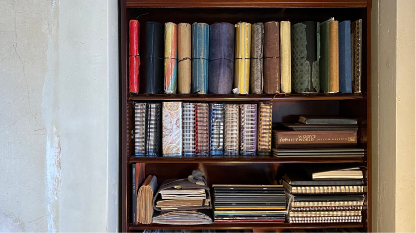 A photo of the bookcase full of hand made and adapted books