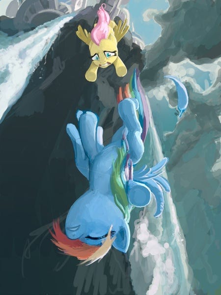 147 - dead source, safe, artist:tswt, fluttershy, rainbow dash, pegasus,  pony, cliff, cloud, cloudy, duo, duo female, eyes closed, falling, feather,  female, flying, gritted teeth, knockout, mare, reaching, rescue, sad, sad  pony,