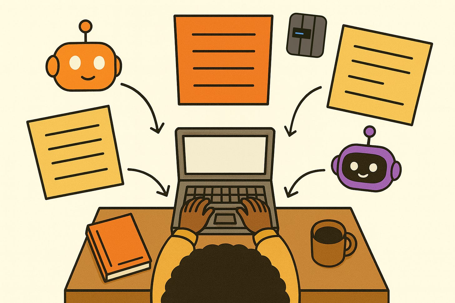 Illustration of a person at a desk with a laptop, surrounded by floating notes and cartoon bot icons.