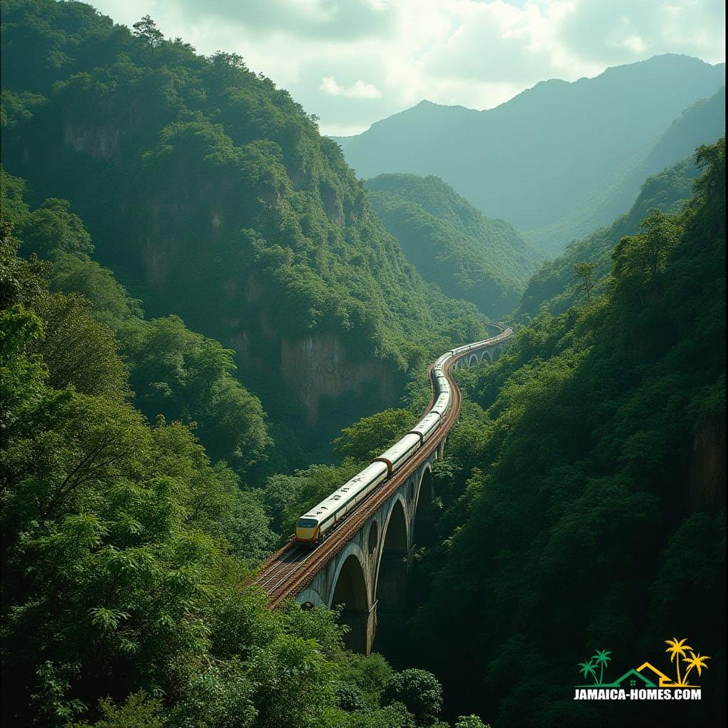  Cinematic film still of a sleek, modern train system traversing Jamaica's varied terrains. The train crosses the iconic Flat Bridge, its distinctive arches spanning the Rio Cobre River, then navigates winding mountain roads between Kingston and Ocho Rios, hugging the lush greenery and steep cliffsides. The train cuts through dense tropical forests with towering trees and vibrant foliage. Aerial perspectives highlight the train's harmonious integration into the natural landscape. The scenes evoke progress and connectivity, blending Jamaica's natural beauty with modern infrastructure. Shot on v-raptor XL, film grain, vignette, color graded, post-processed, cinematic lighting, 35mm film, live-action, best quality, atmospheric, epic, stunning, dramatic.