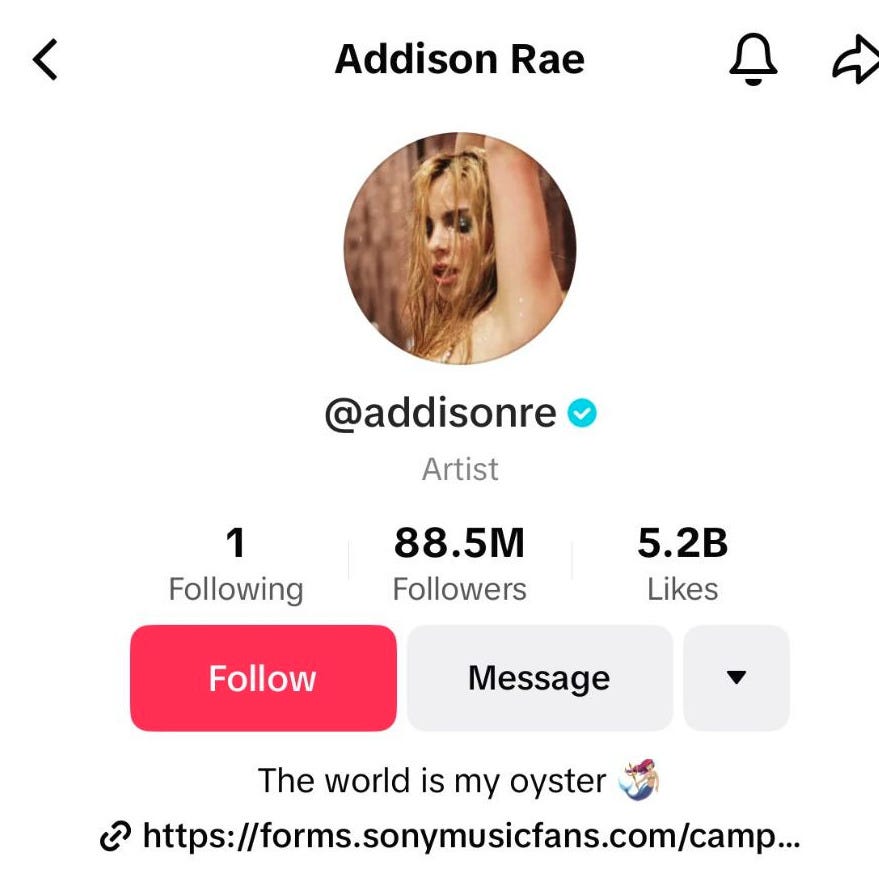 A screenshot of Addison Rae's TikTok profile.