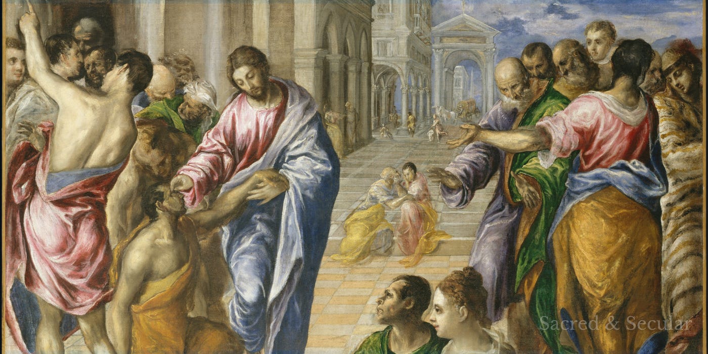 El Greco’s Christ Healing the Blind shows Jesus reaching towards the eyes of a blind man as a crowd gathers around them in an open architectural setting. The figures are elongated and expressive, with strong gestures and dramatic movement drawing attention to the moment of healing. El Greco’s Christ Healing the Blind shows Jesus reaching towards the eyes of a blind man as a crowd gathers around them in an open architectural setting. The figures are elongated and expressive, with strong gestures and dramatic movement drawing attention to the moment of healing.