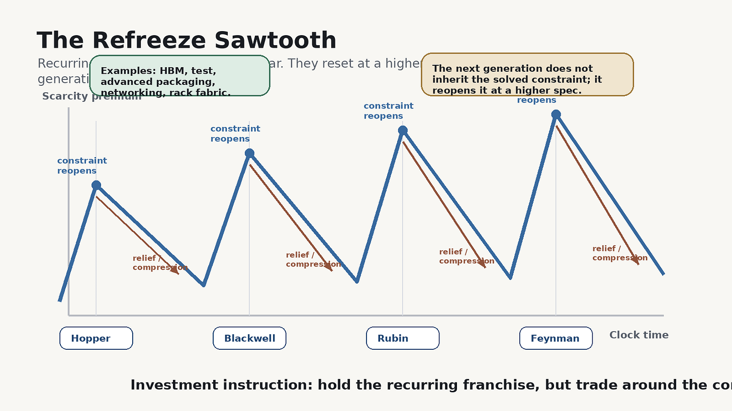 Line chart 'The Refreeze Sawtooth': scarcity premium on the y-axis, clock time on the x-axis marked Hopper, Blackwell, Rubin, Feynman. The premium runs as a sawtooth — each generation the constraint reopens (peak) then relieves and compresses (trough). Examples: HBM, test, advanced packaging, rack fabric. The next generation does not inherit the solved constraint; it reopens it at a higher spec. Line chart 'The Refreeze Sawtooth': scarcity premium on the y-axis, clock time on the x-axis marked Hopper, Blackwell, Rubin, Feynman. The premium runs as a sawtooth — each generation the constraint reopens (peak) then relieves and compresses (trough). Examples: HBM, test, advanced packaging, rack fabric. The next generation does not inherit the solved constraint; it reopens it at a higher spec.