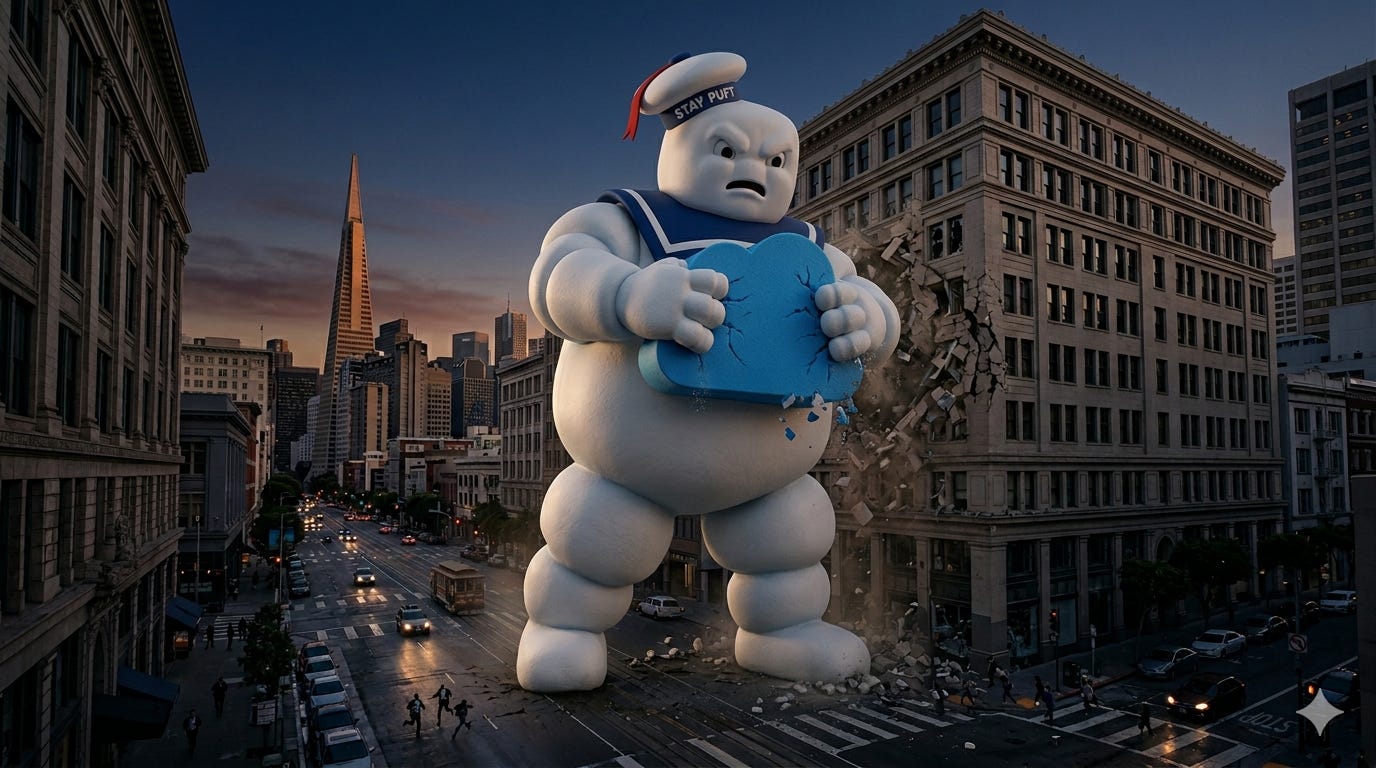 The Stay Puft marshmallow man rampaging through San Francisco, squeezing the Salesforce logo between his hands
