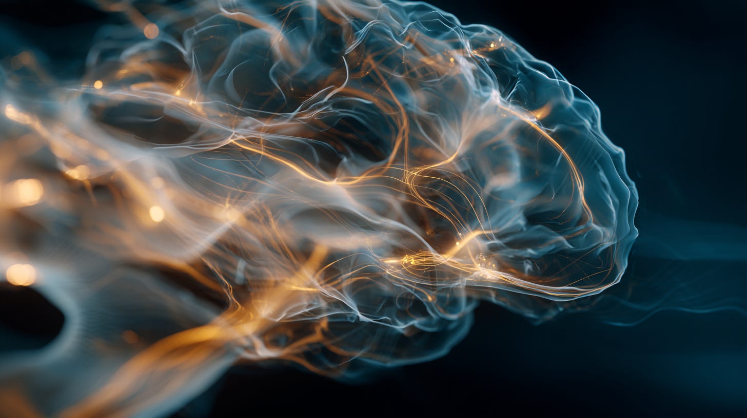 Abstract brain visualization with glowing data streams connecting to servers, warehouses, and computers