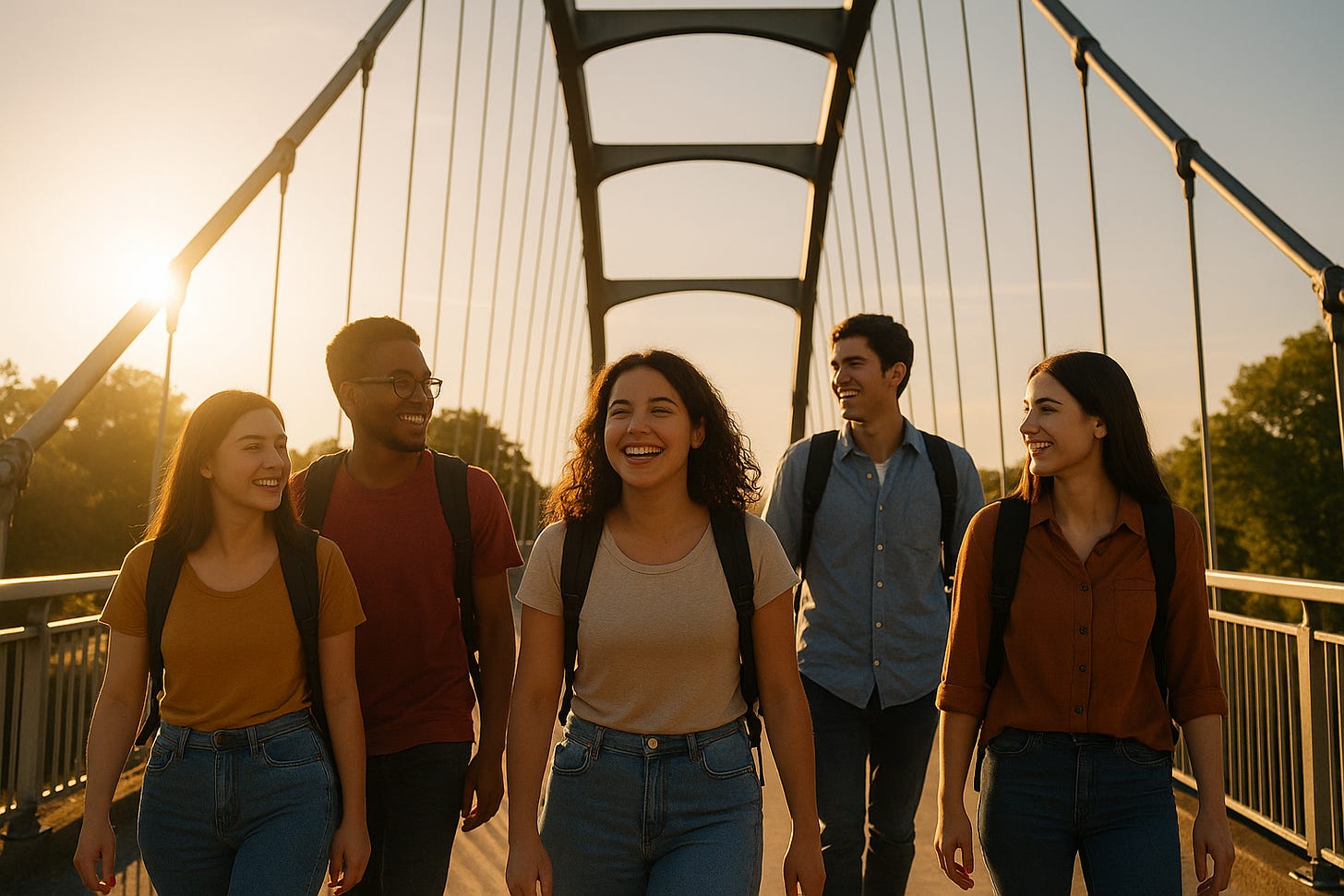 College students walking across a bridge. The bridge is in the background, showing progress or achievement. College students walking across a bridge. The bridge is in the background, showing progress or achievement.